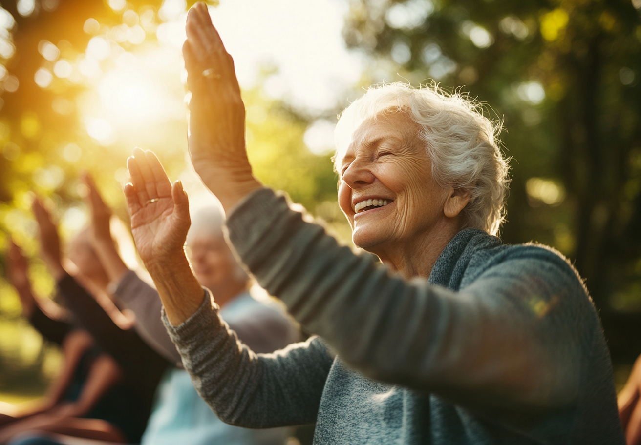 Старша жінка практикує технологічну йогу