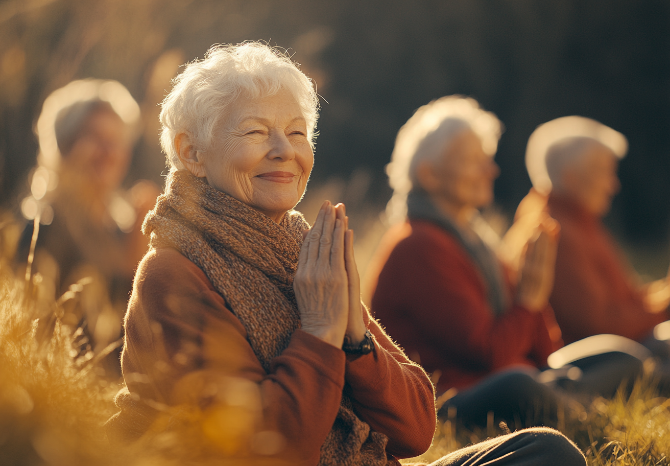 Група старших людей практикує йогу